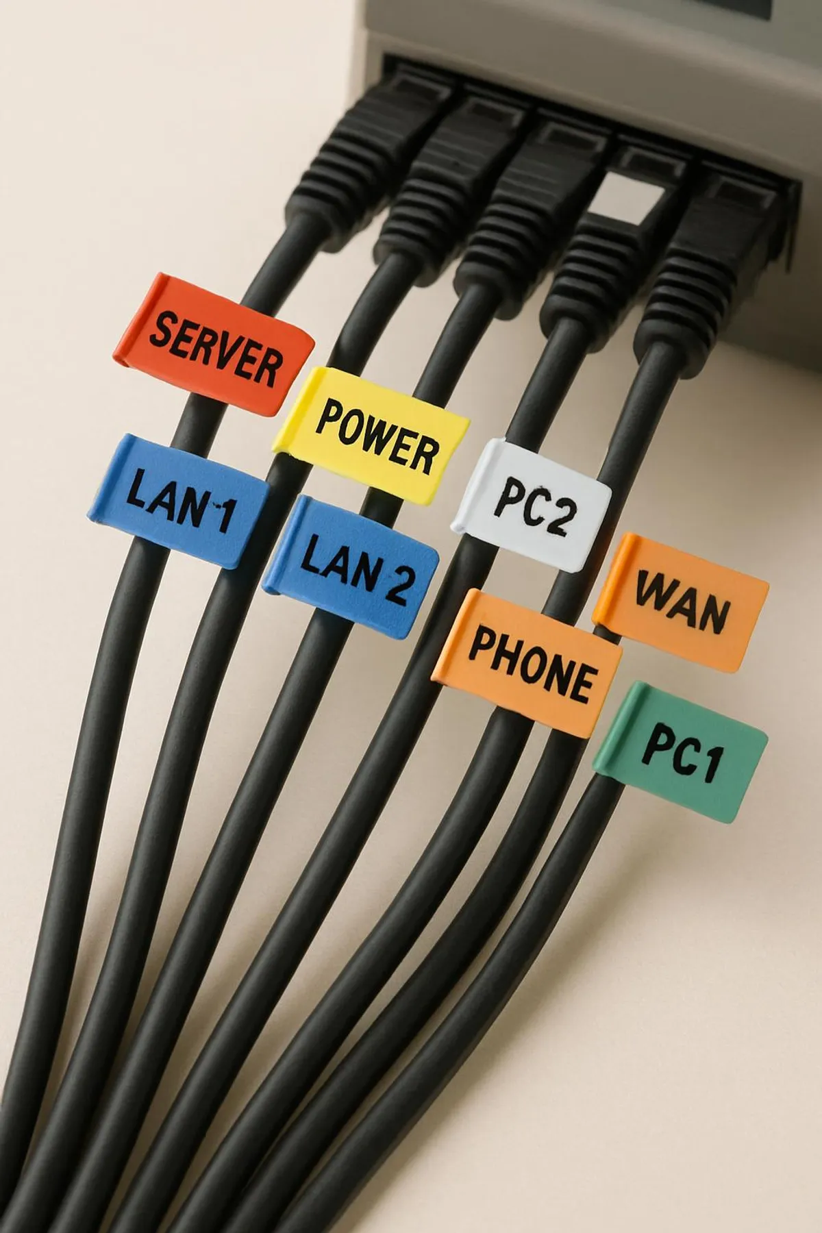 Labeled cables with small flags for easy identification