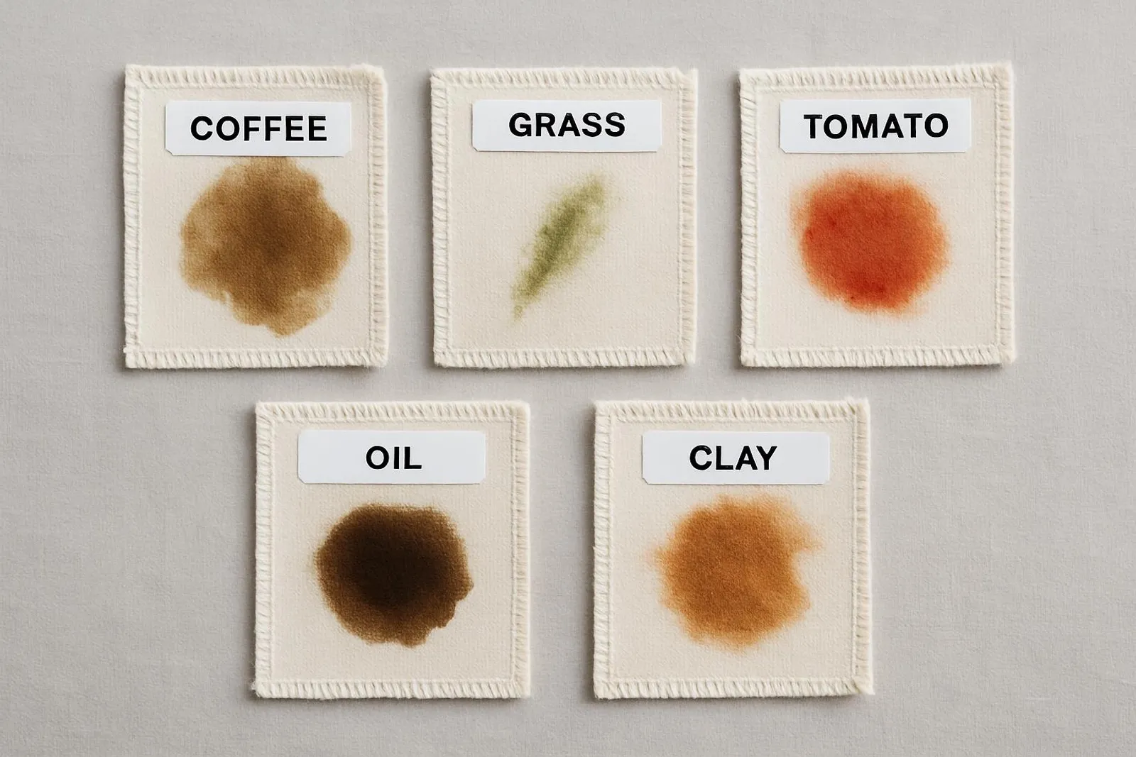 Labeled fabric swatches with coffee, grass, tomato, oil, and clay stains ready for wash tests.