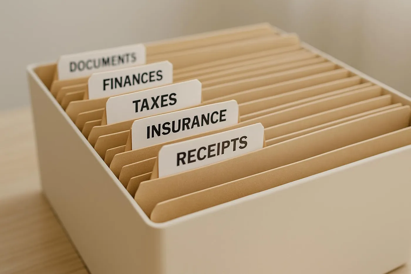 Labeled folders in a tidy file box