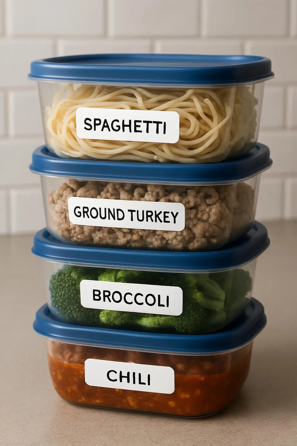 Labeled leftovers container stacked neatly