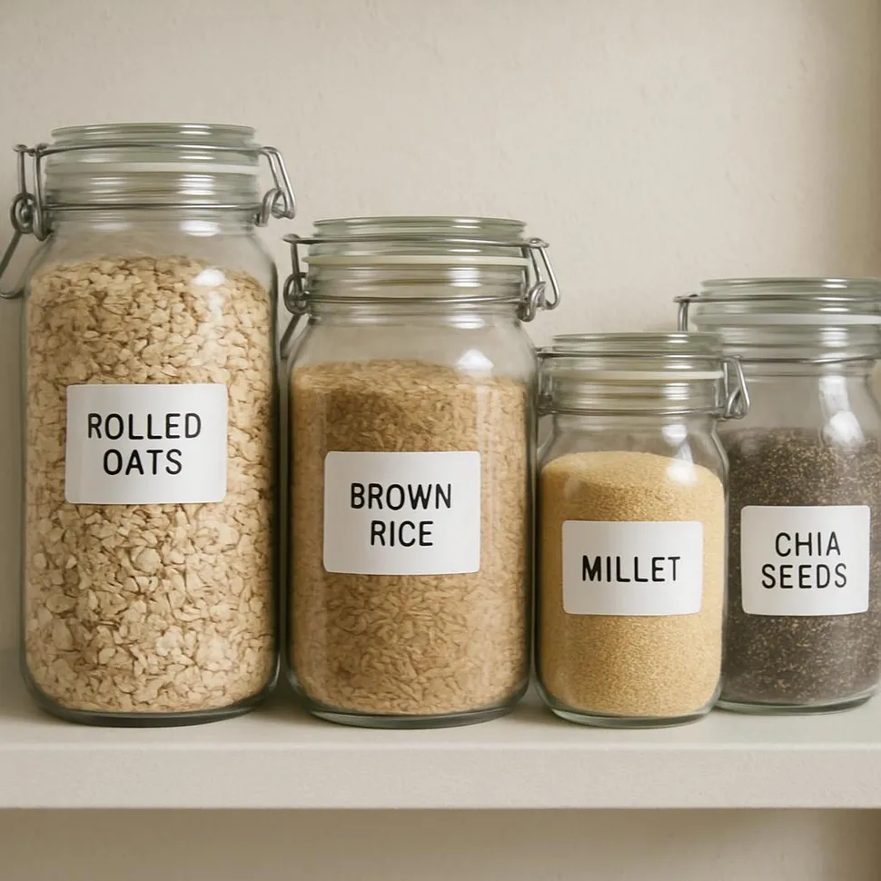 Labeled pantry jars filled with grains and seeds