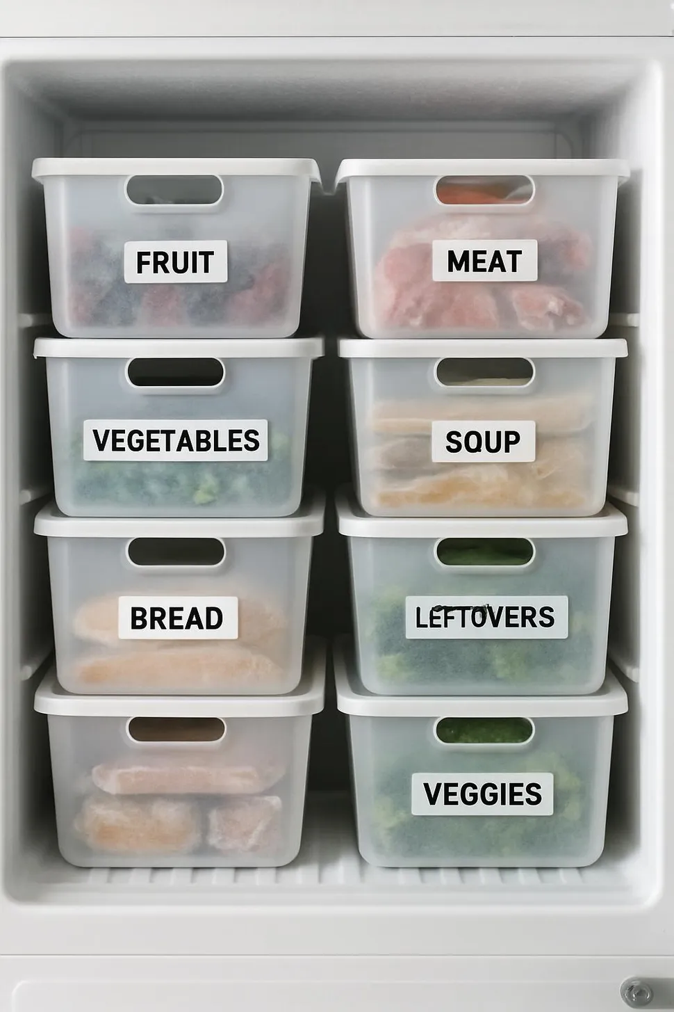 Labeled storage bins stacked in a freezer