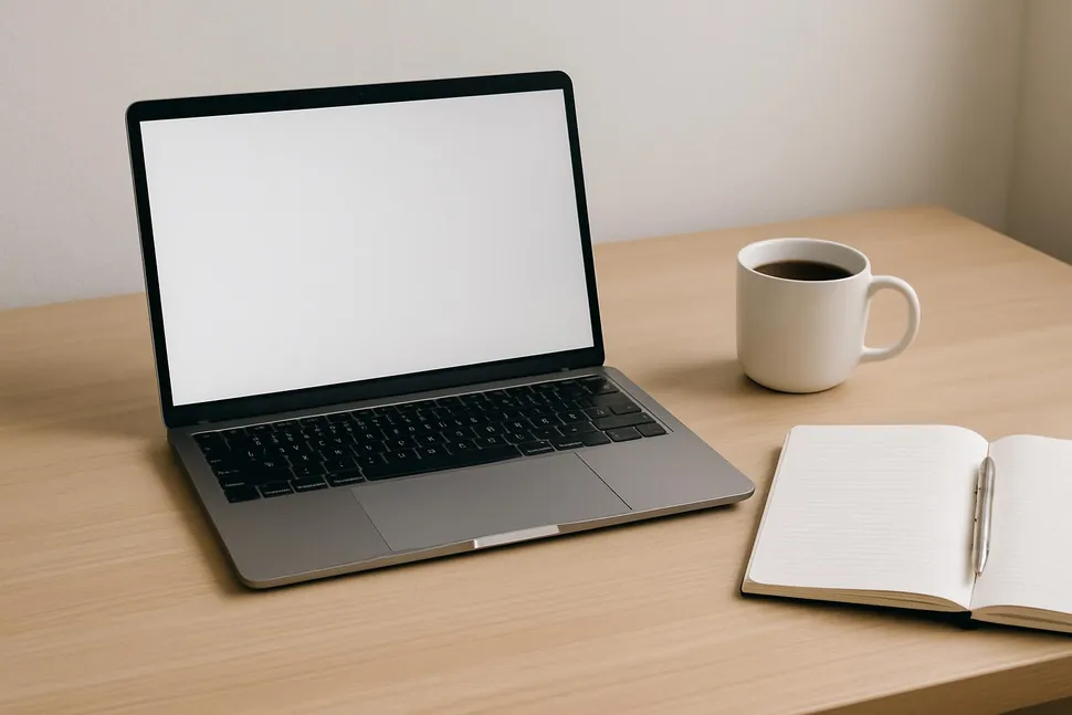 Laptop and coffee on a clean workspace ready for planning.