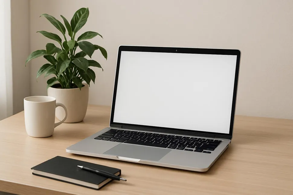 Laptop on a clean desk next to a plant for a calming workspace