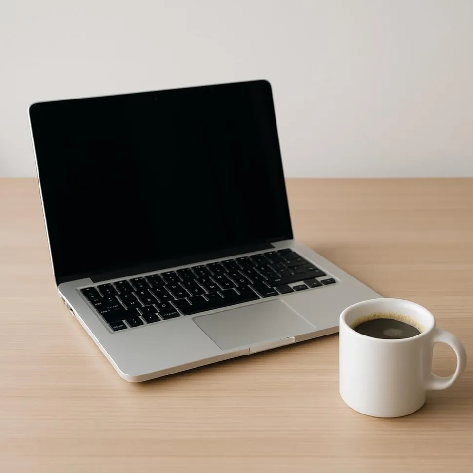 Laptop on a clean desk with coffee