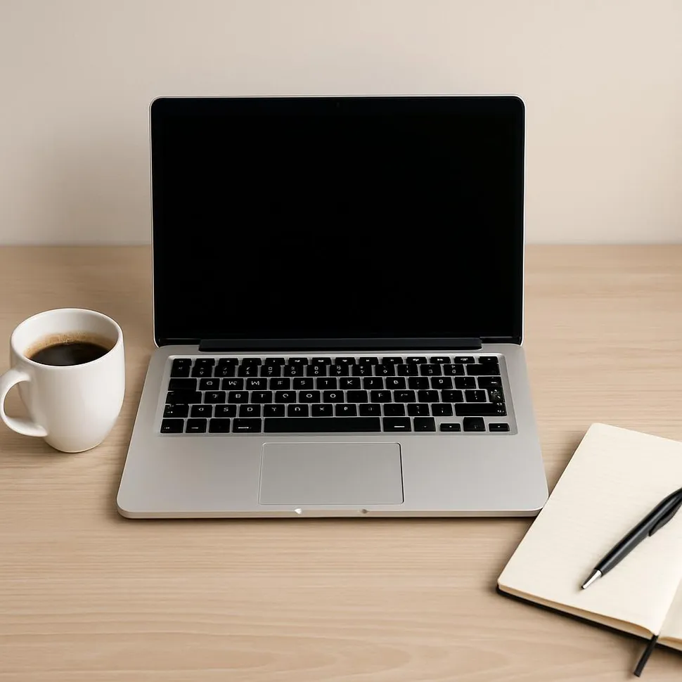 Laptop on desk with coffee and notebook, clean setup for focused work