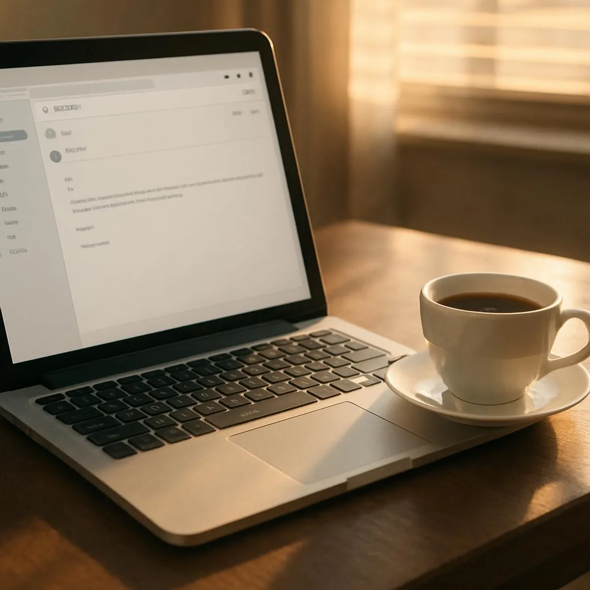 Laptop open with email window and a cup of coffee, early morning light
