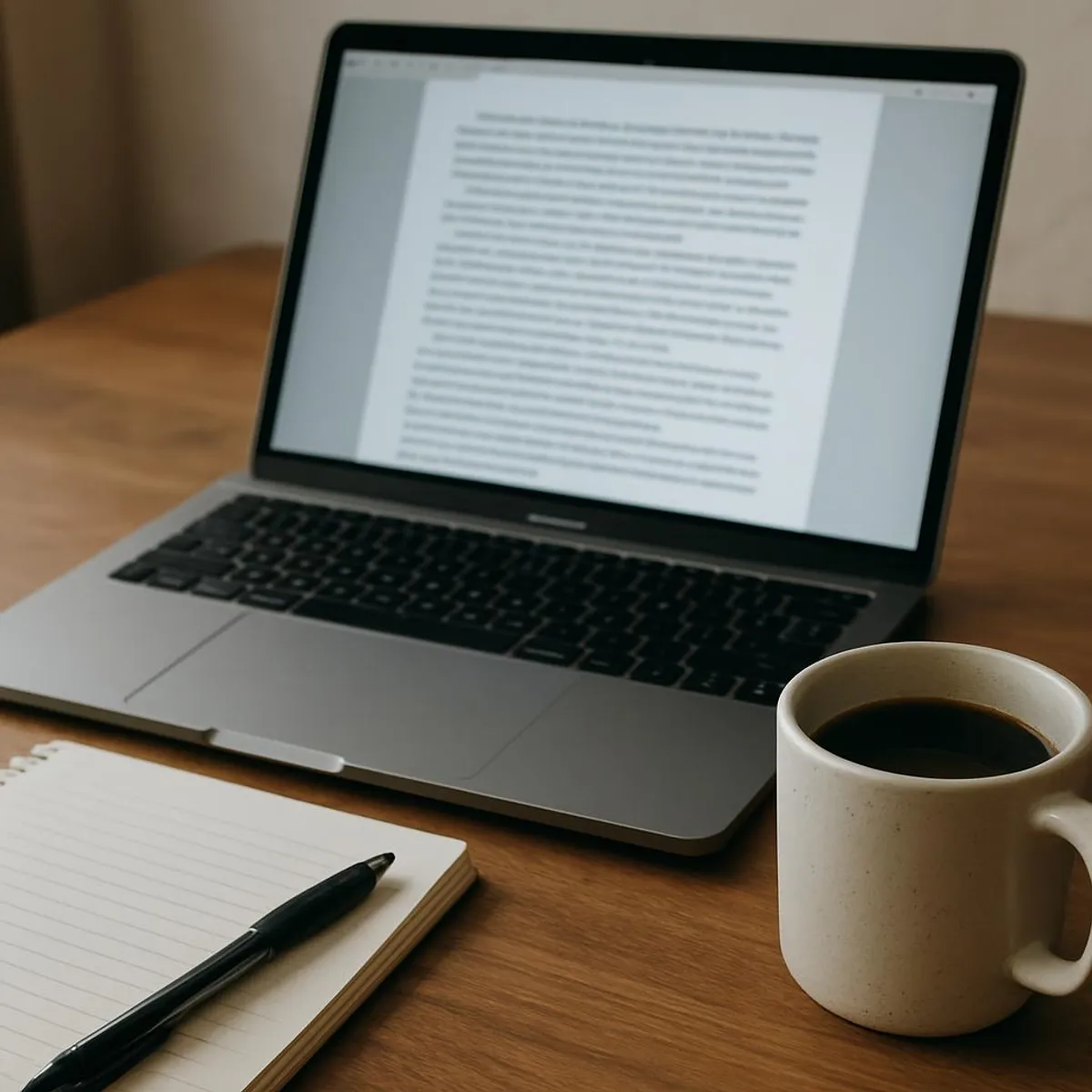 Laptop with a focused writing setup and a mug of coffee