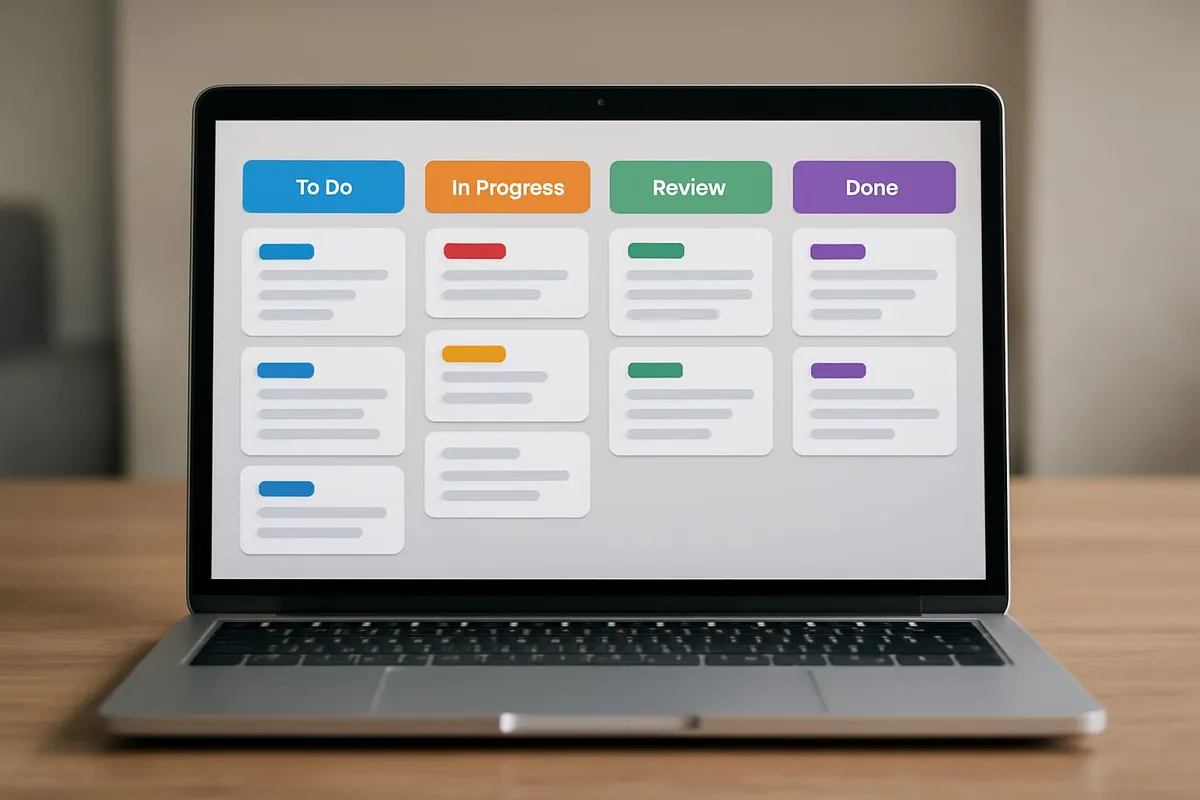 Laptop with a Kanban-like board and category tags on a screen