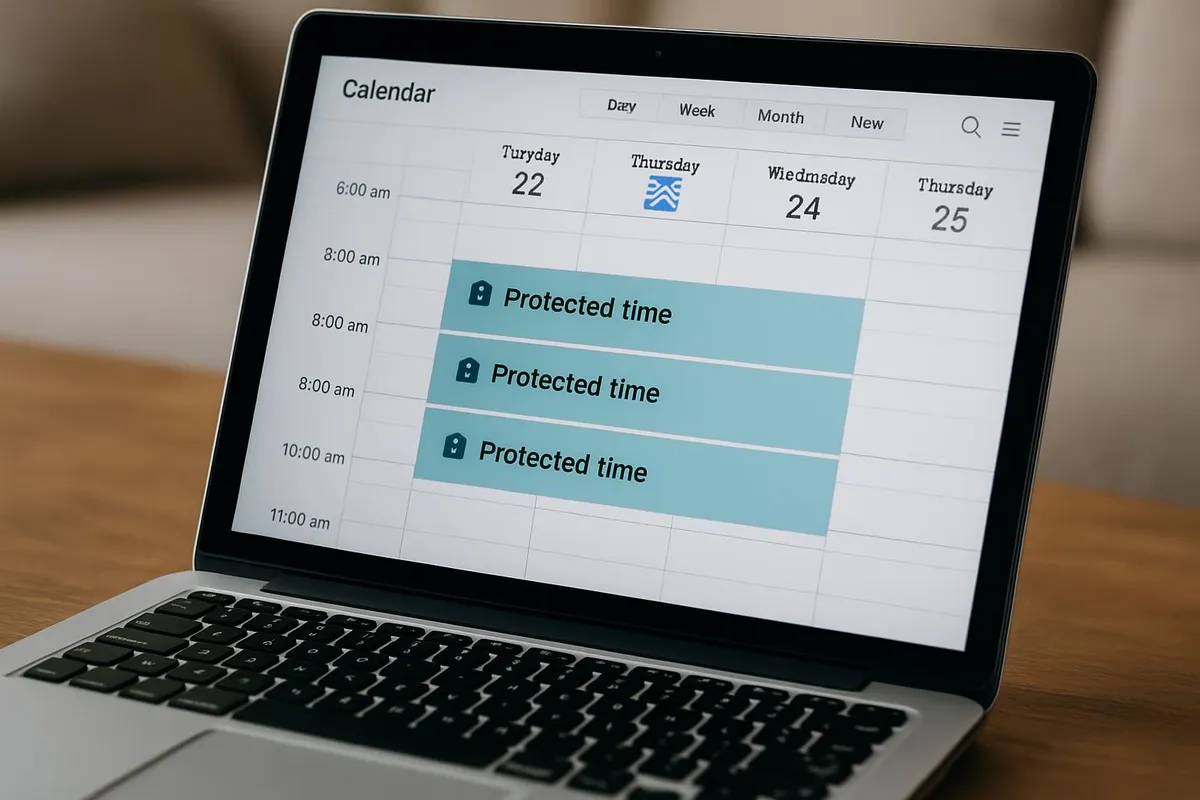 Laptop with calendar open showing protected focus blocks in the morning