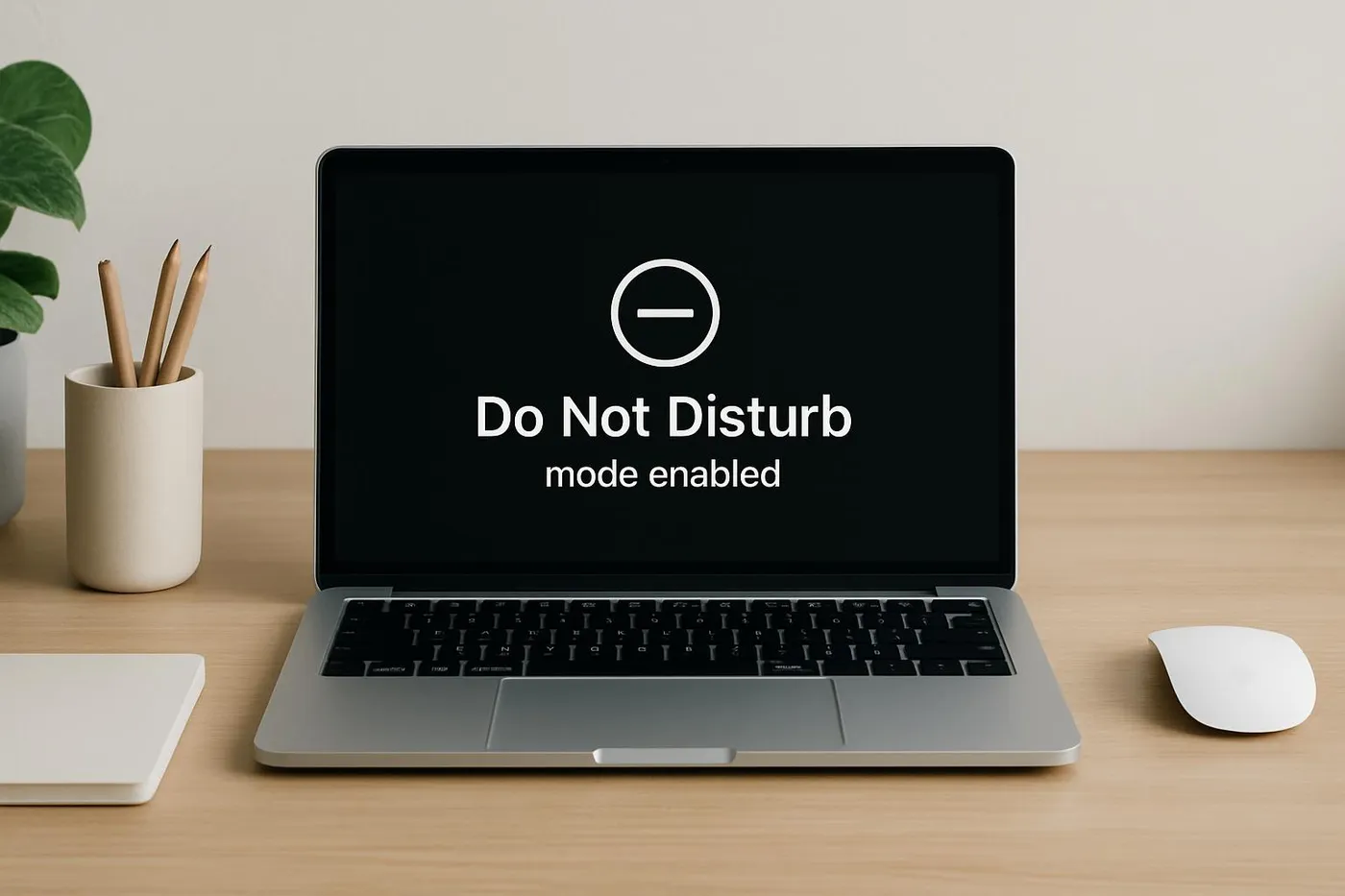 Laptop with do not disturb mode enabled and a clean workspace