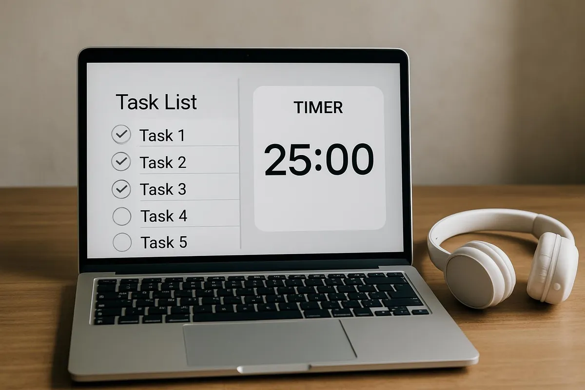 Laptop with task list and timer, headphones nearby