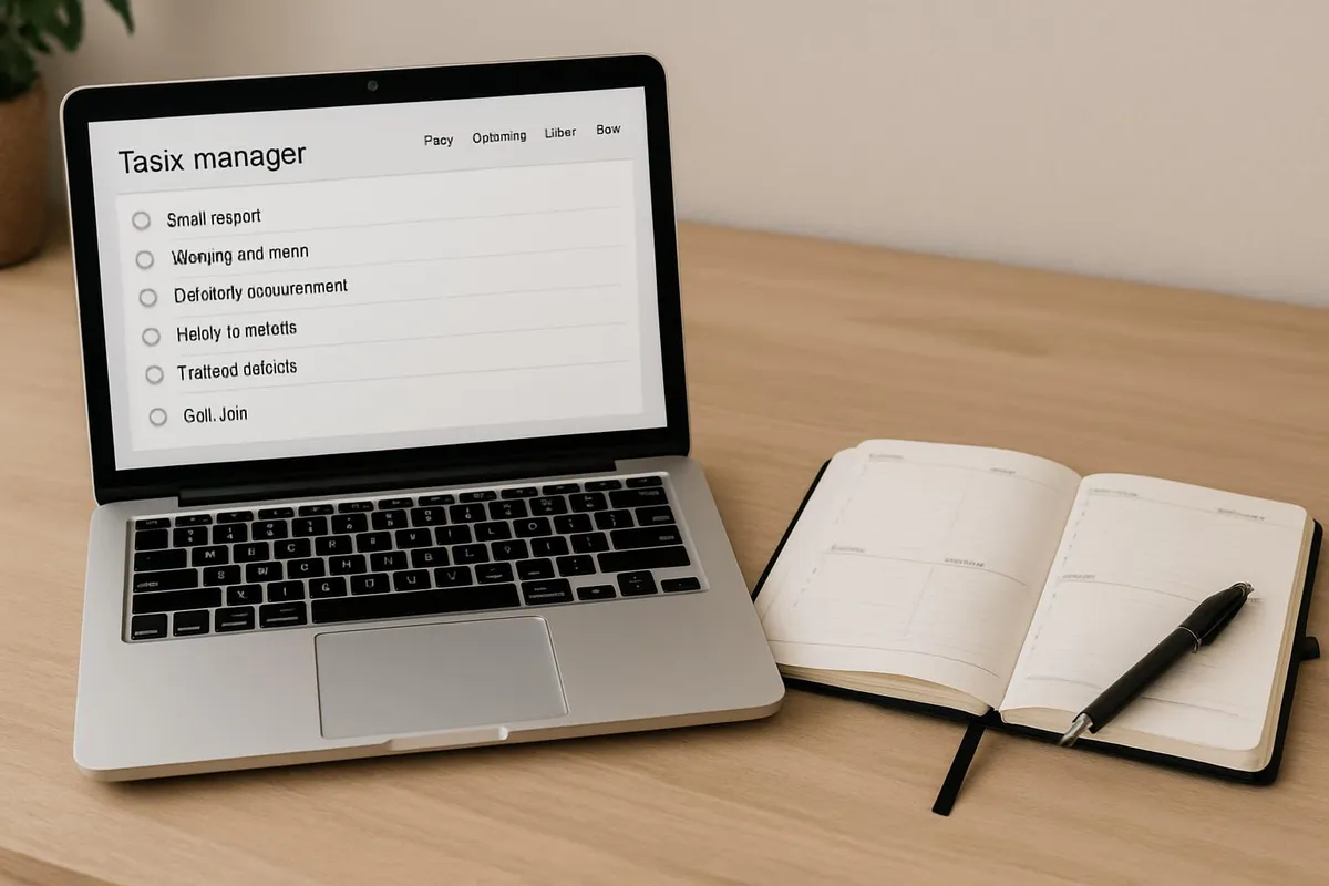 Laptop with task manager app open and a planner beside it