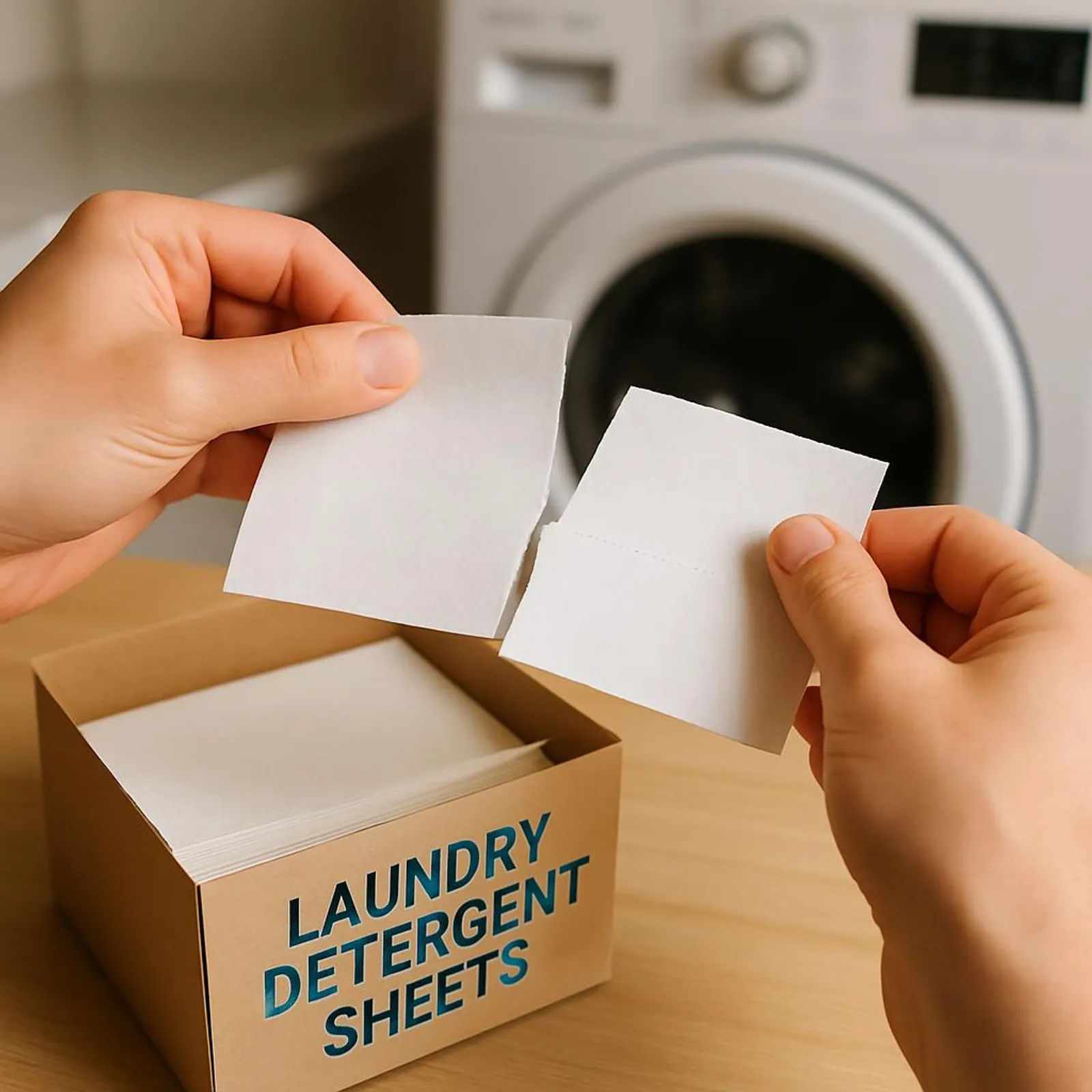 Laundry detergent sheets being torn along a perforation.