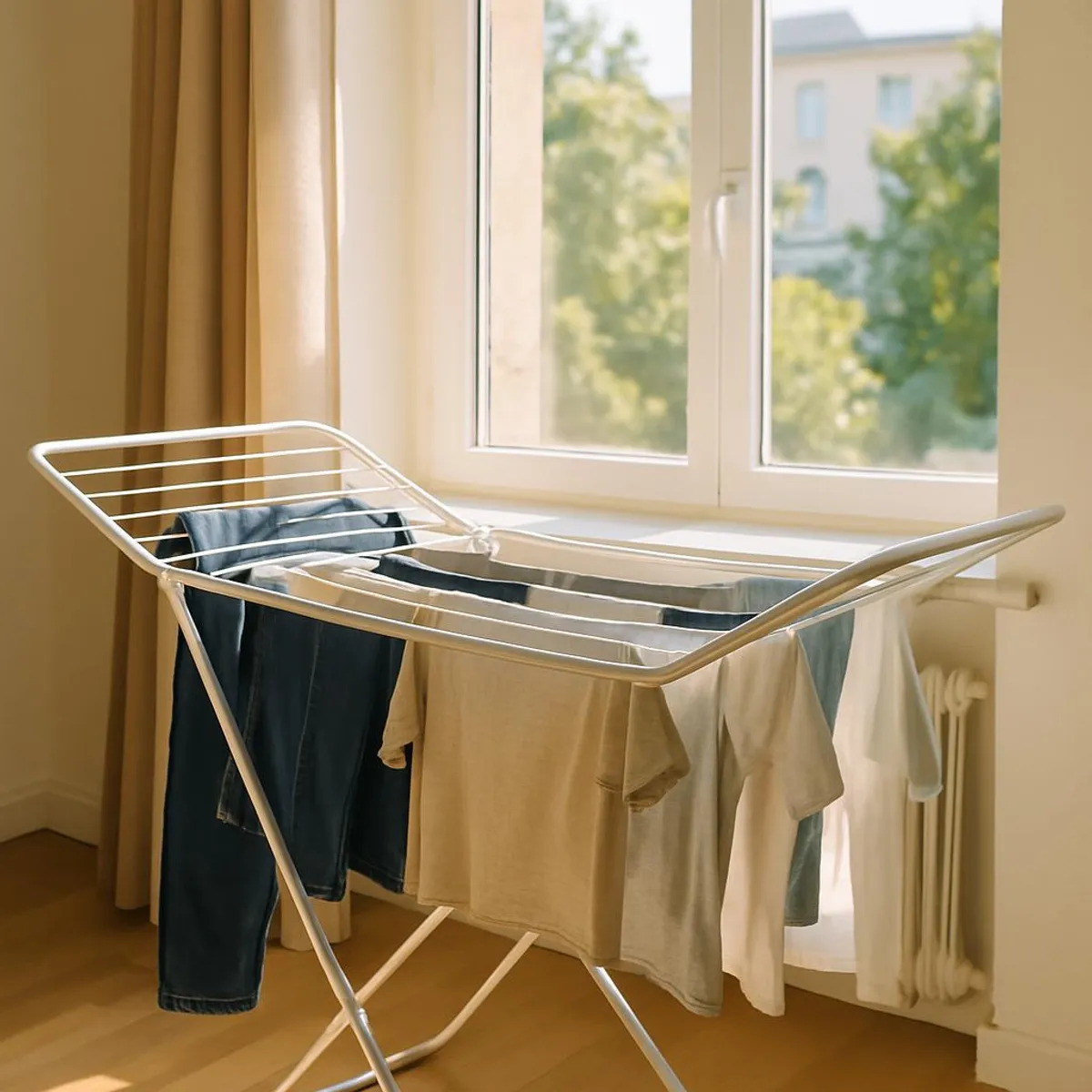 Laundry hanging on a drying rack by a sunny window
