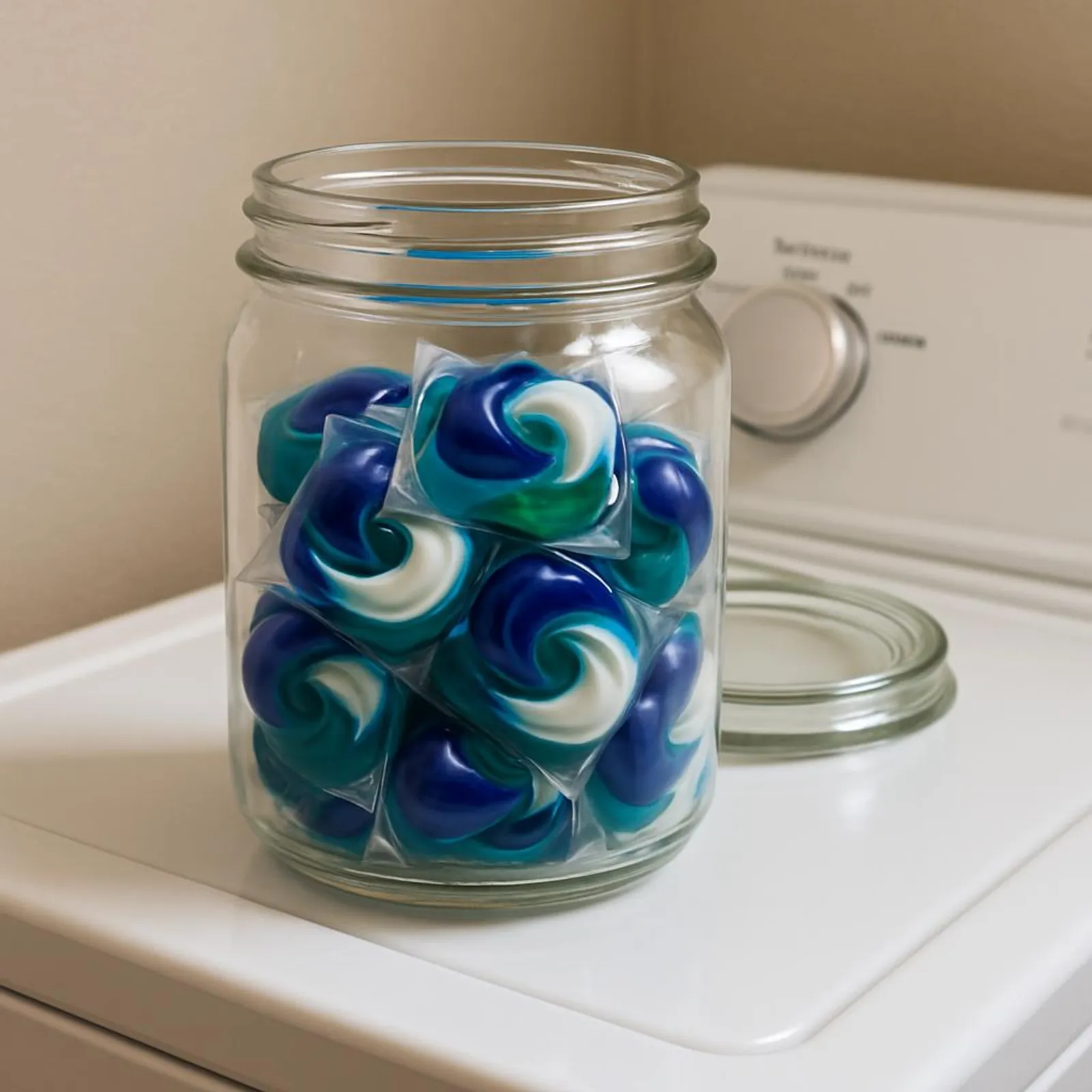 Laundry pods in a small glass jar on top of a washing machine.