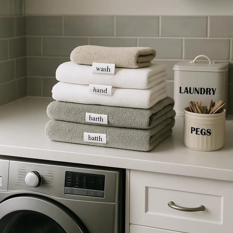 Laundry room counter with folded towels and labels