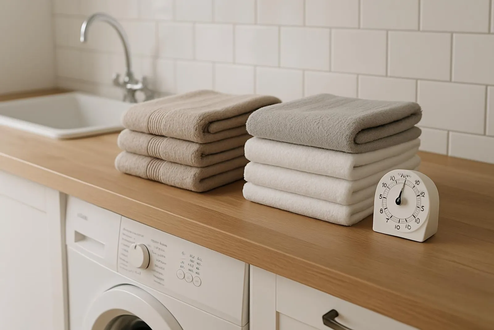 Laundry room counter with neatly folded towels and a timer