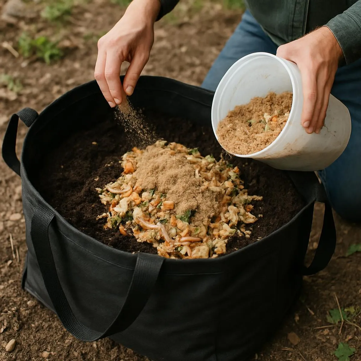 Layering fermented bokashi material into a soil factory tote