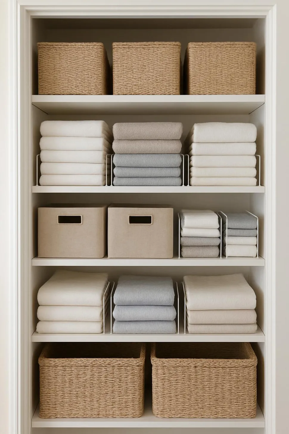Linen closet arranged with bins and dividers