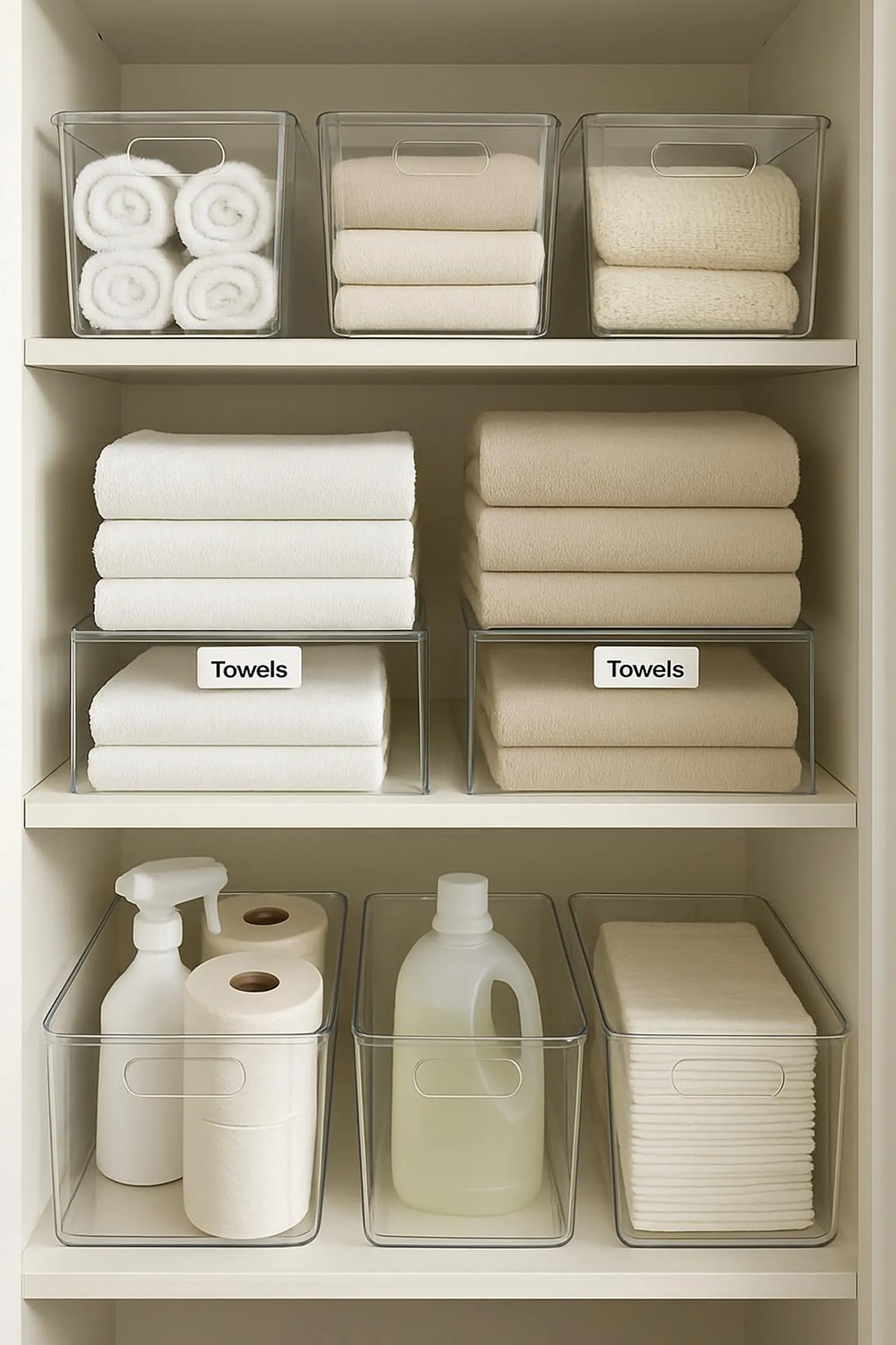 Linen closet shelves with clear bins, shelf risers, and labeled towel stacks