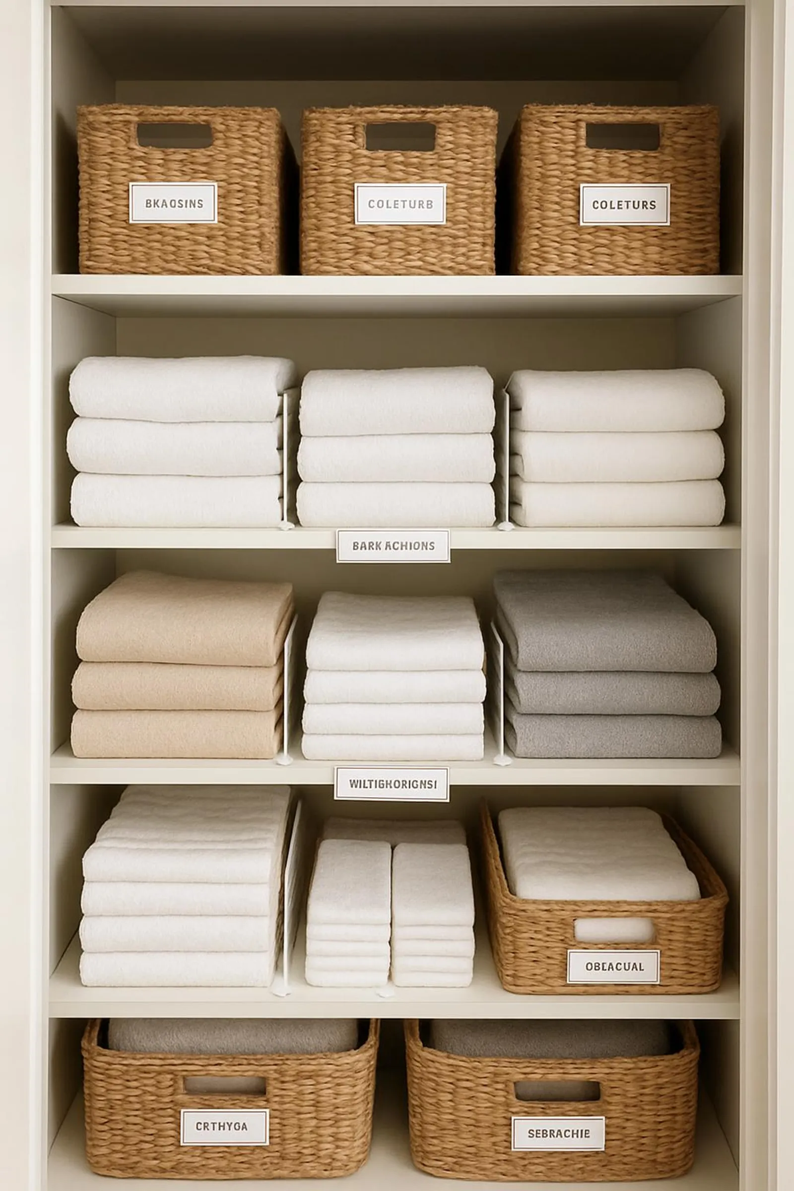 Linen closet with baskets, shelf dividers, and clear labels