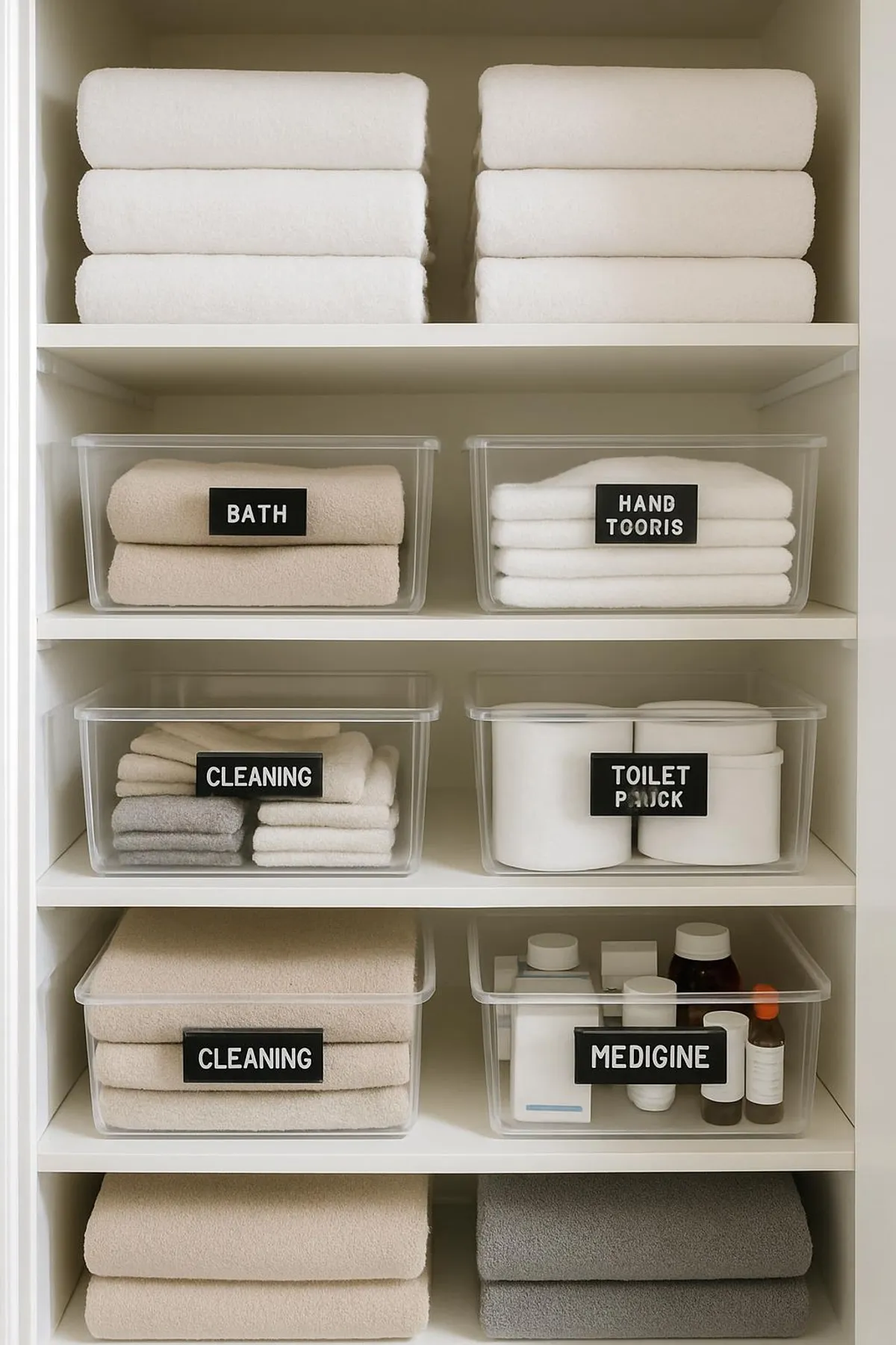 Linen closet with clear labeled bins and separated towel stacks