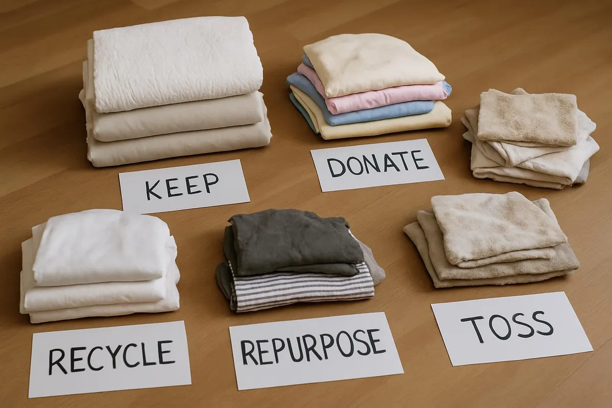 Linens sorted into labeled piles on the floor: keep, donate, recycle, repurpose, toss