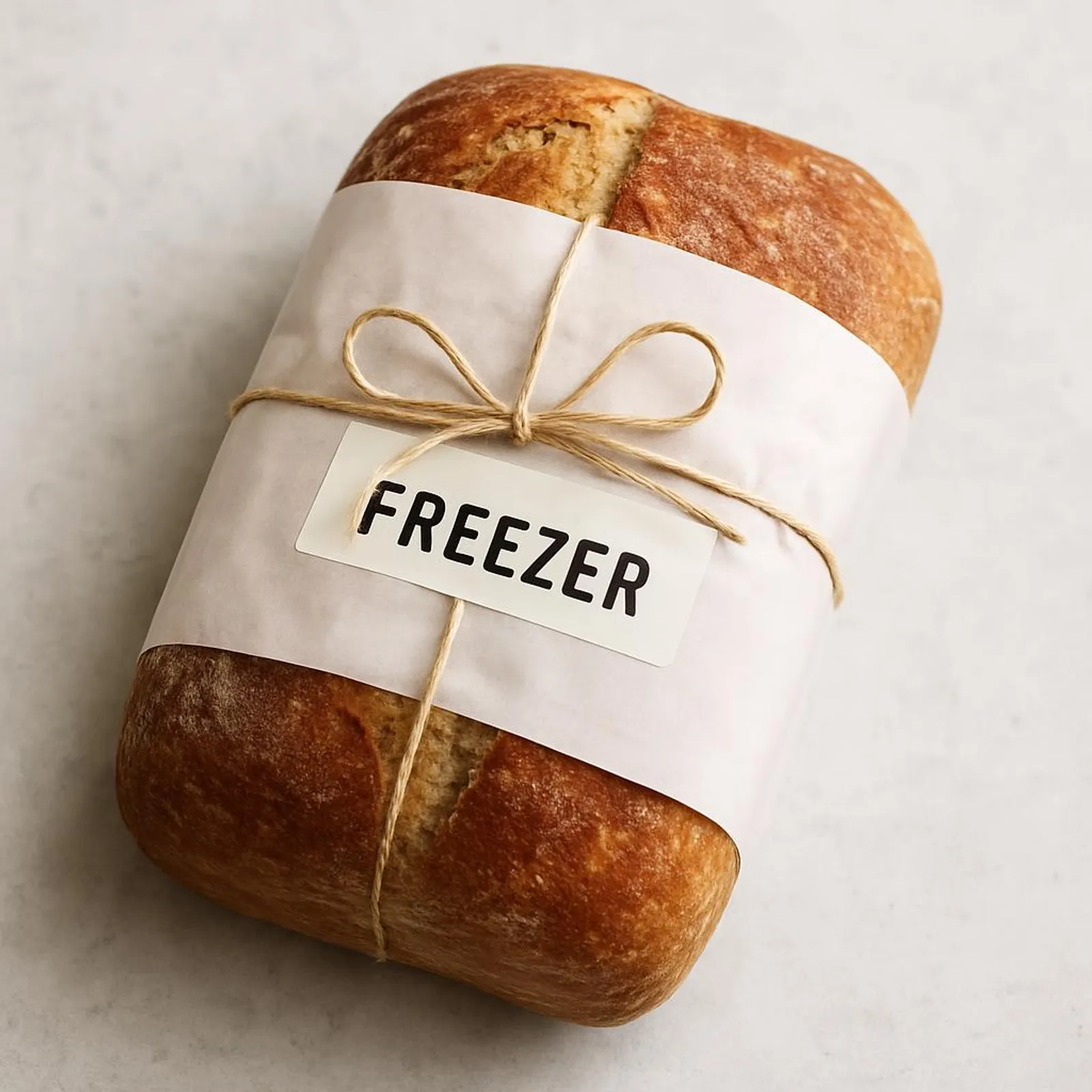 Loaf of bread wrapped in parchment and labeled for the freezer