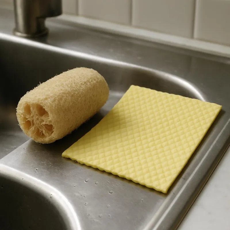Loofah sponge and Swedish dishcloth in a kitchen sink