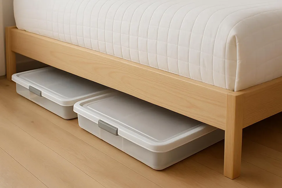 Low-profile under-bed storage bins neatly tucked away