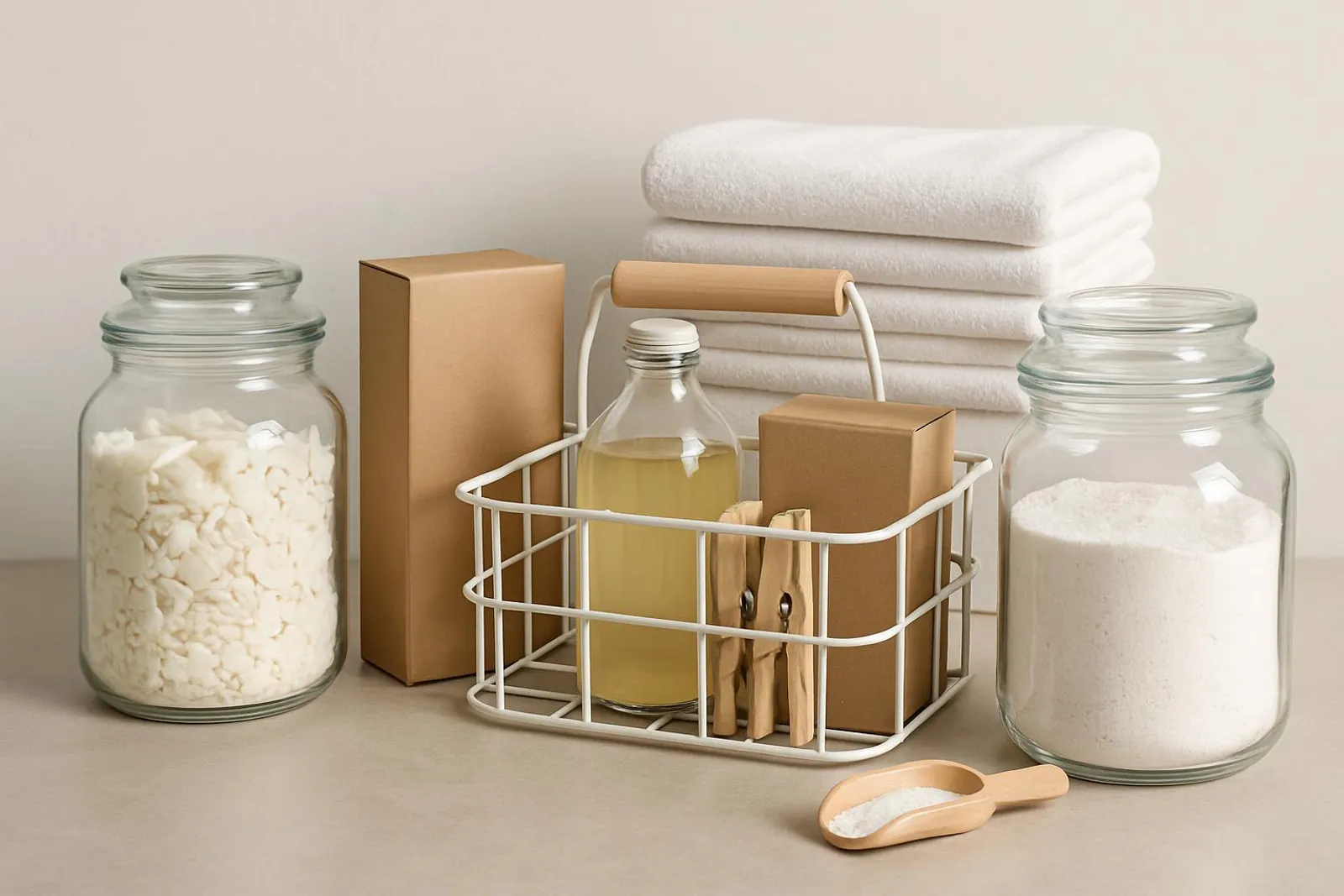 Low-waste laundry setup with glass jars, cardboard boxes, and a tidy caddy.