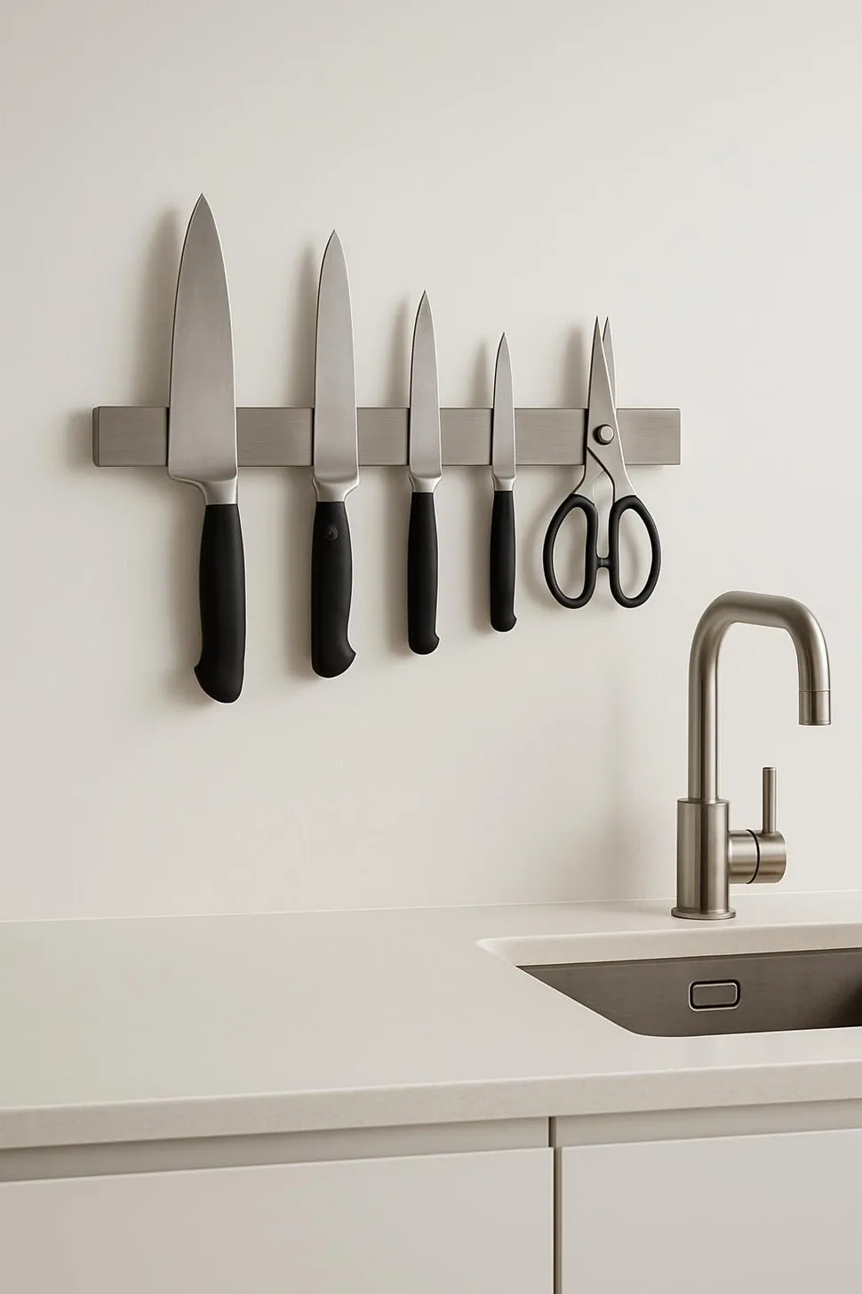 Magnetic knife rack in minimalist kitchen