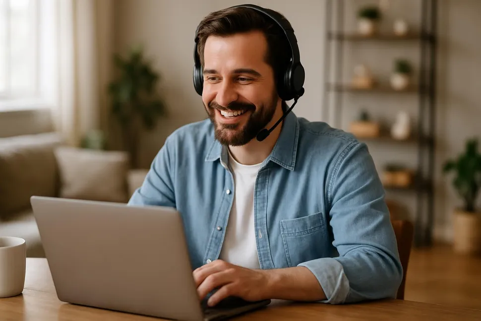 Man smiling while working remotely with headphones