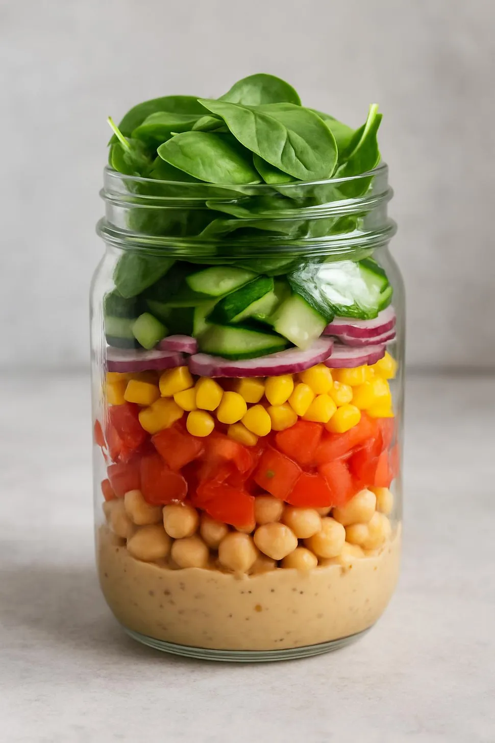 Mason jar layered with salad and toppings