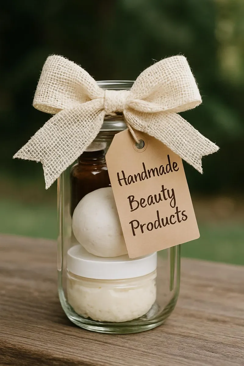 Mason jar with handmade beauty products gifted inside
