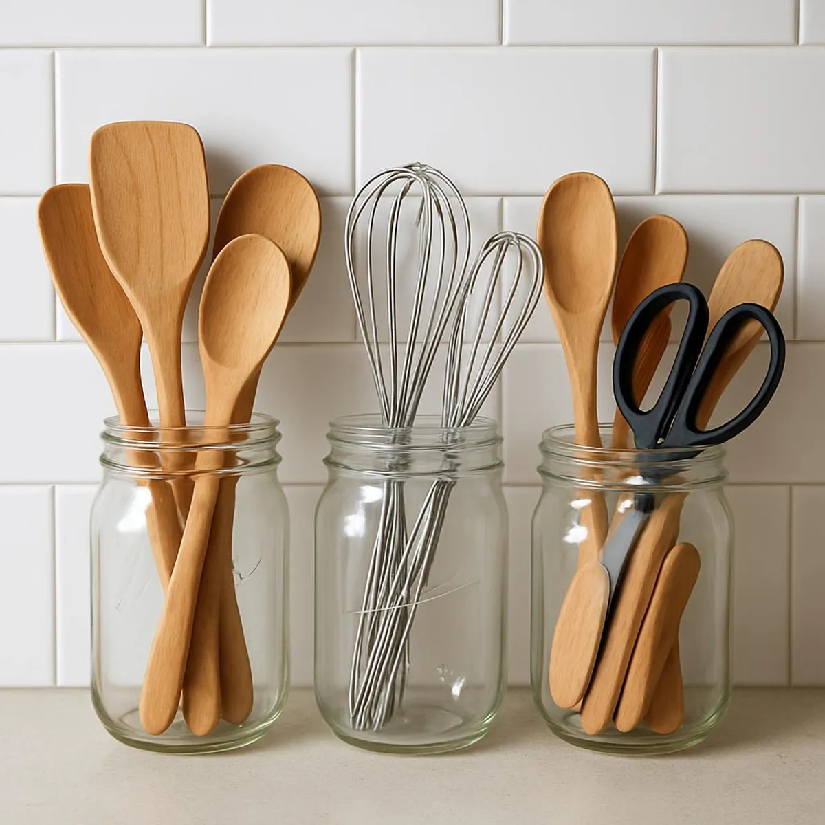 Mason jars filled with wooden spatulas, whisks, and kitchen scissors on white tile backsplash