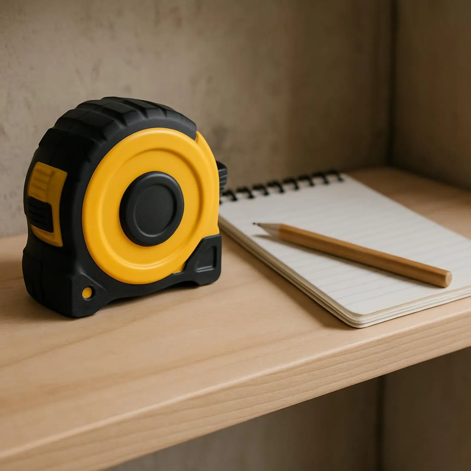 Measuring tape on a shelf with a notepad and pencil