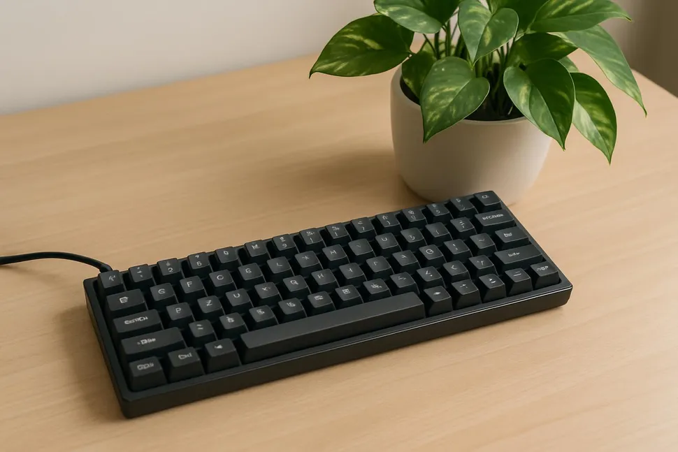 Mechanical keyboard on a clean desk next to a plant