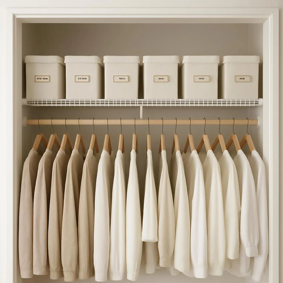 Medium closet with shelf dividers and neatly labeled bins
