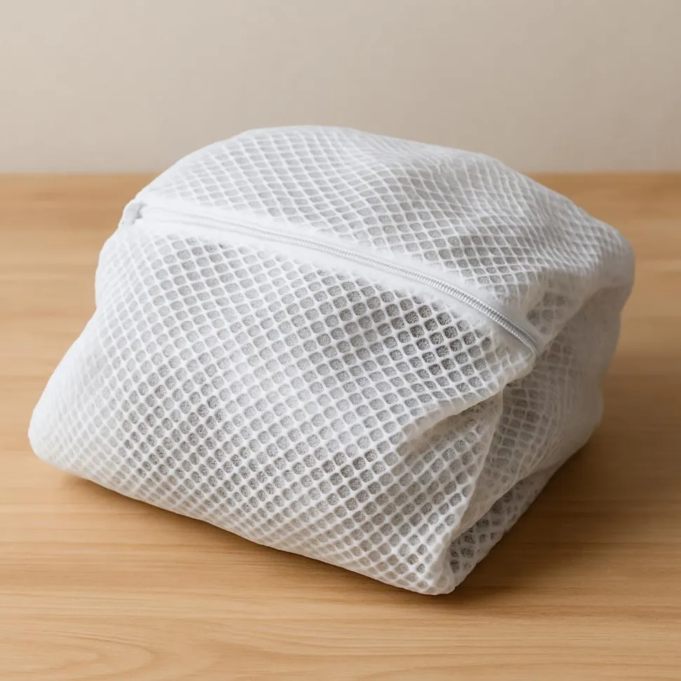 Mesh laundry bag on a table