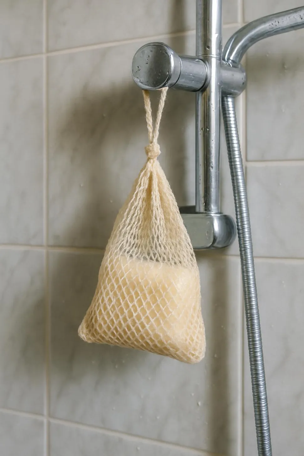 Mesh soap bag hanging to dry in shower