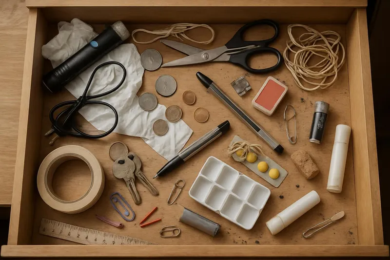 Messy and cluttered drawer with random items