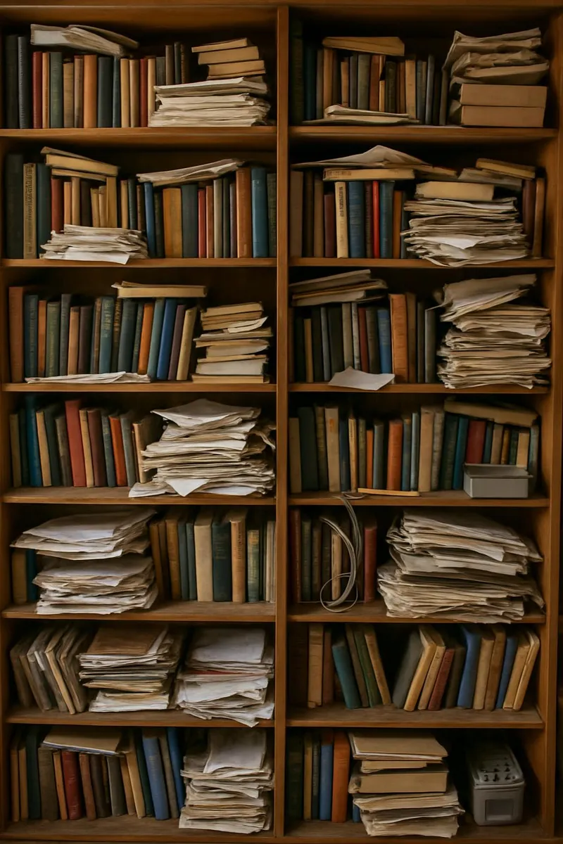 Messy bookshelves overloaded with clutter