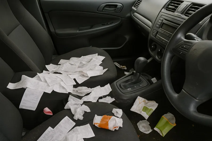 Messy car interior with receipts and food wrappers