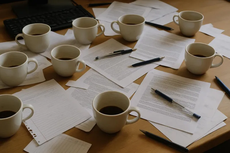 Messy desk surrounded by coffee cups, random papers, and pens