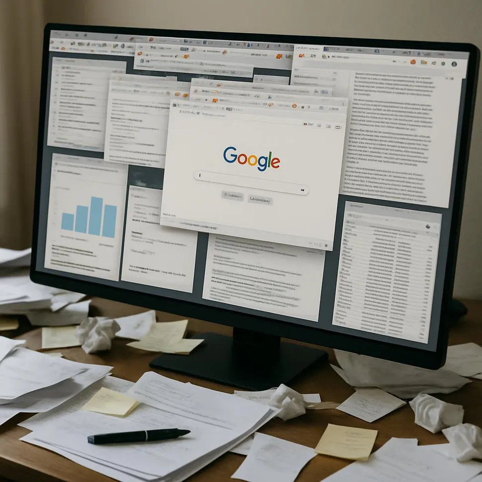 Messy desktop with many windows and tabs