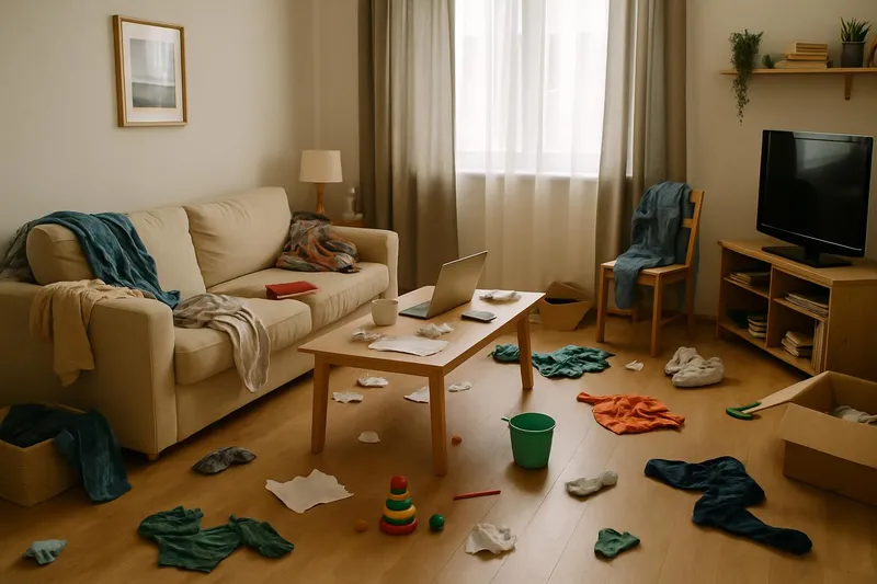 Messy living room with scattered items