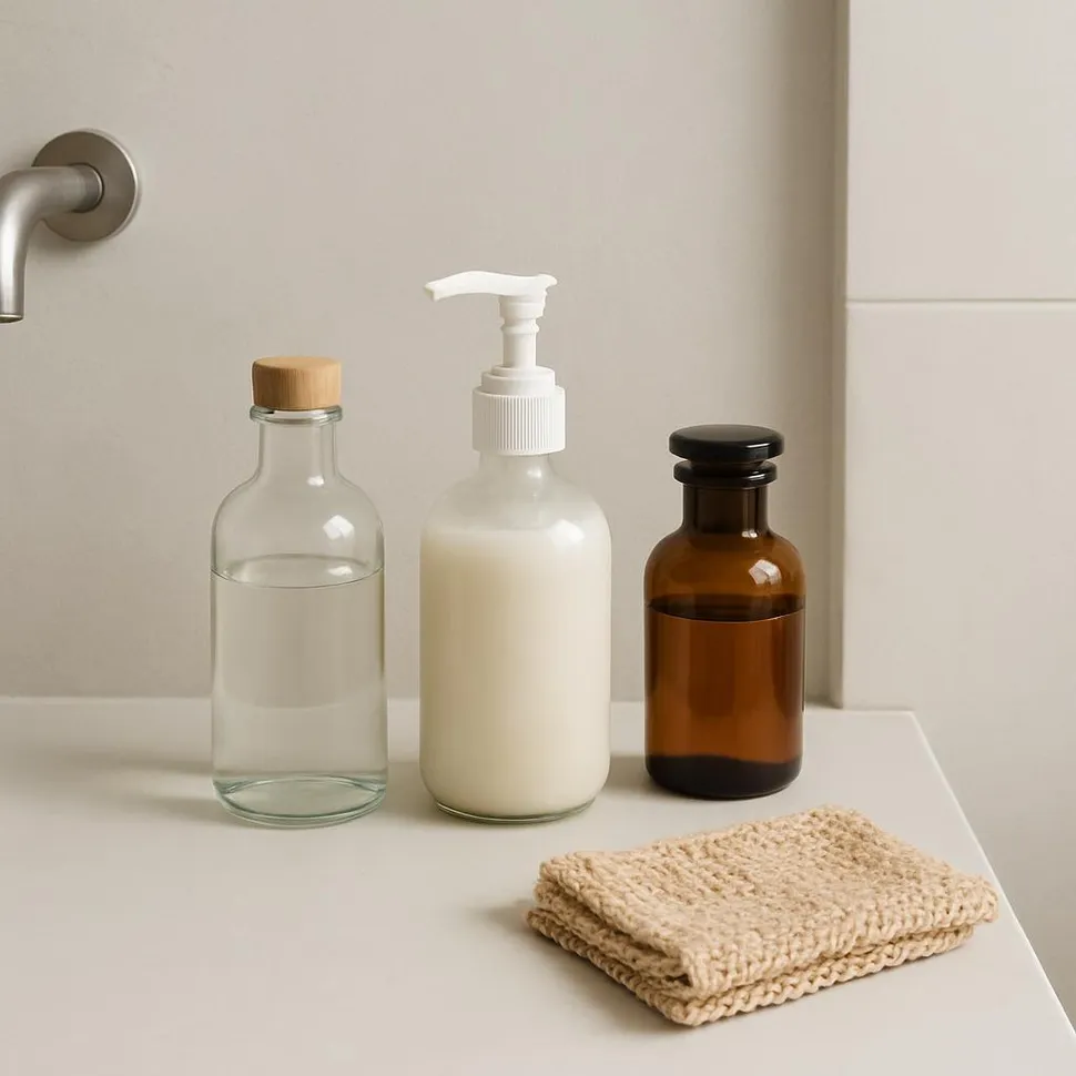 Minimal bathroom with glass bottles and a natural fiber washcloth
