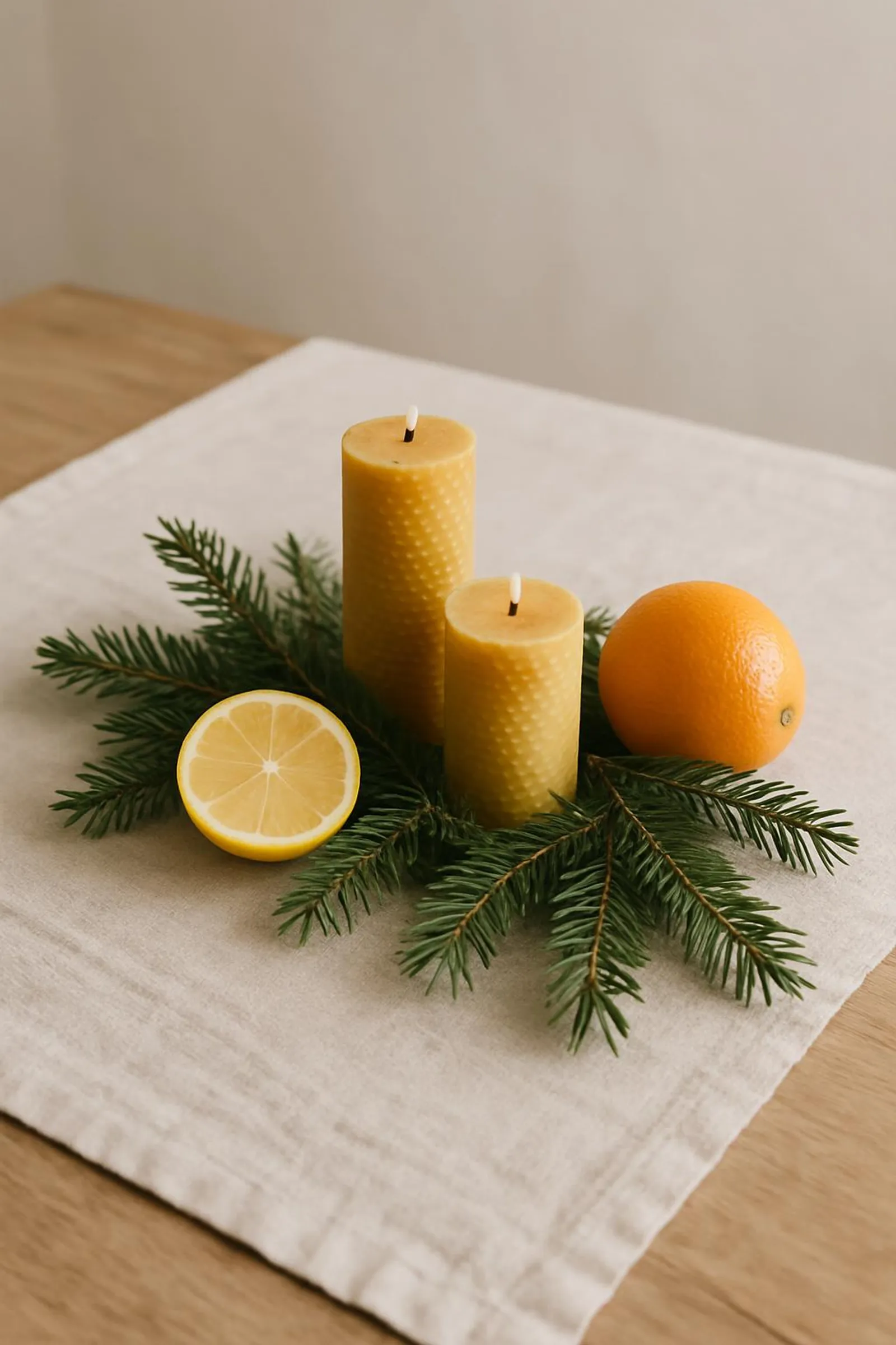 Minimal centerpiece with evergreen clippings, beeswax candles, and citrus on a linen runner